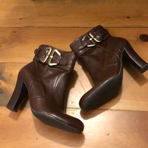 FRANCO SARTO Womens Brown Pointed Toe Stacked Heel Zip-Up Leather Heeled Boots W